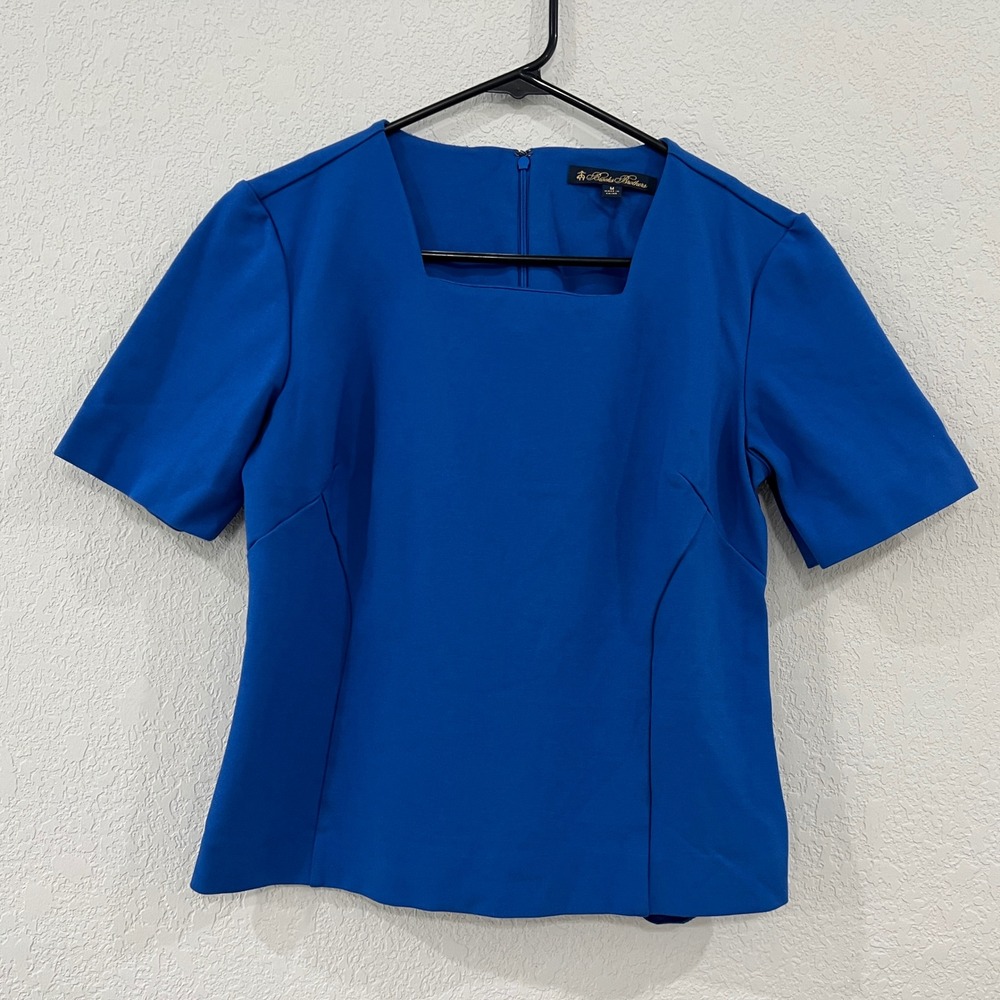 Brooks Brothers Womens M Cobalt Blue Square Neck Tailored Short Sleeve Top